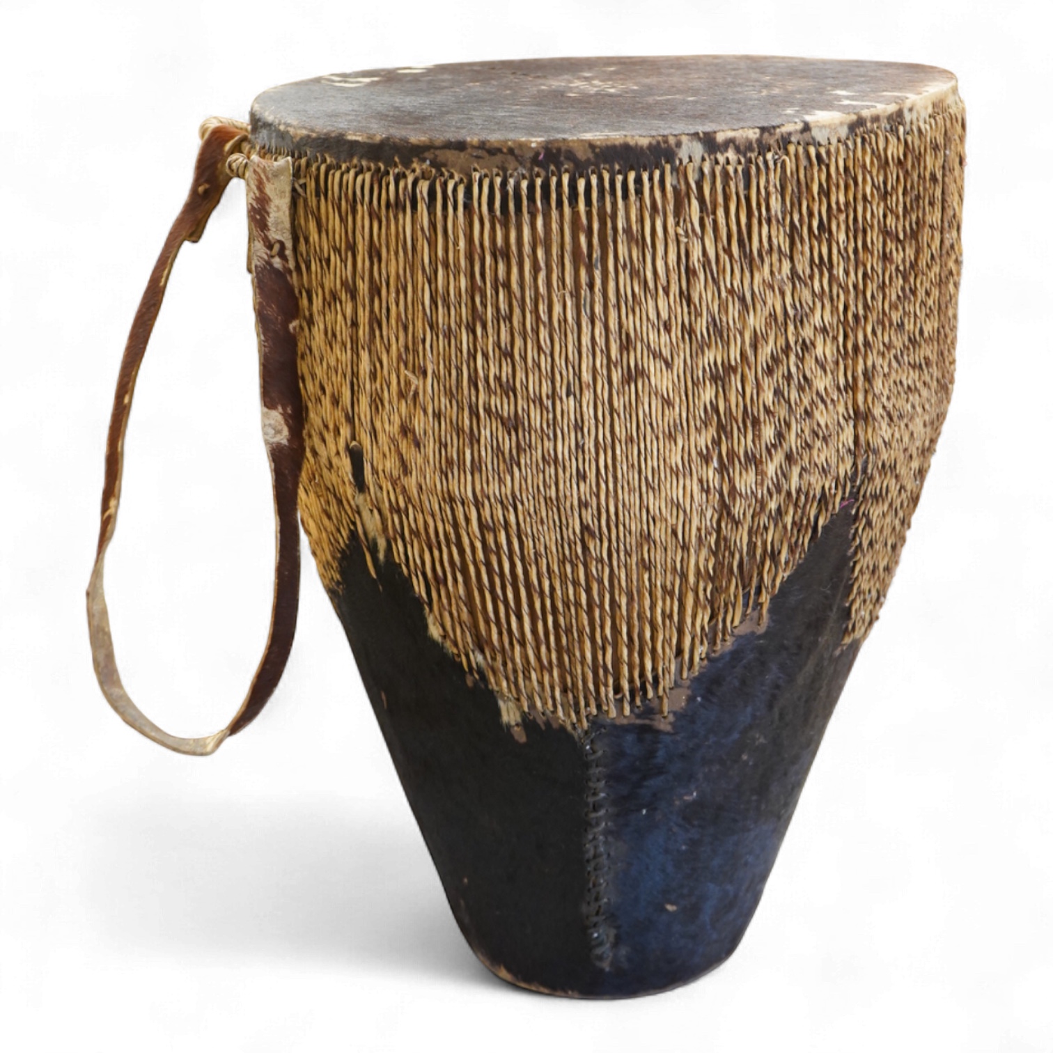 An African drum with a hide skin and gut stretchers, the body of the drum also covered with hide, diameter of the drum 46cm, the height 60cm